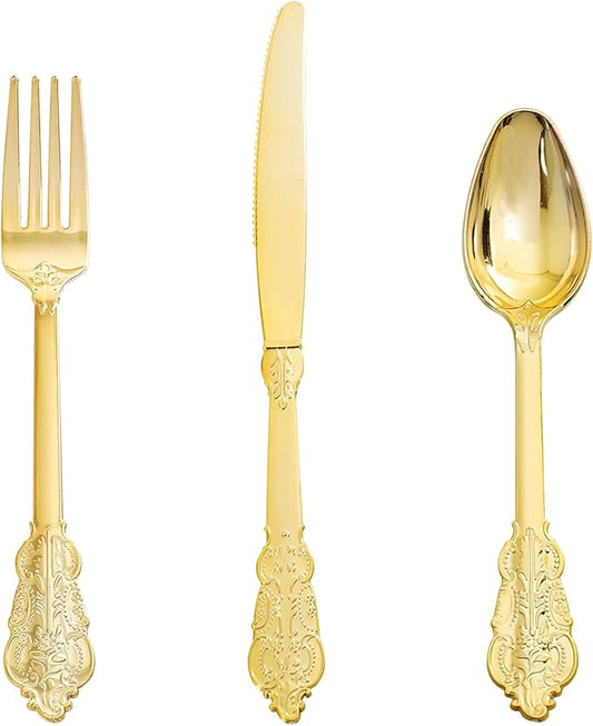 Supernal 360pcs Gold Plastic Silverware,Disposable Silvereware Heavy Duty, Gold Plastic Cutlery, 120 Plastic Forks and Spoons,Knives Perfect for Birthday, Wedding Halloween Thanksgiving Chirstmas