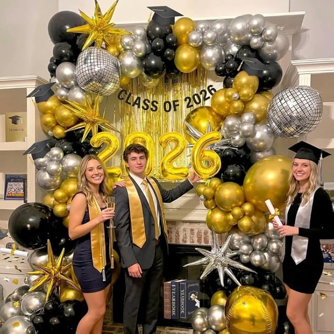 2026 Graduation Balloon Garland Arch Kit, Black Gold Silver Balloon Arch Class of 2026 Graduation Decorations Disco Star Balloons for Grad Celebrations Birthday Party Decorations