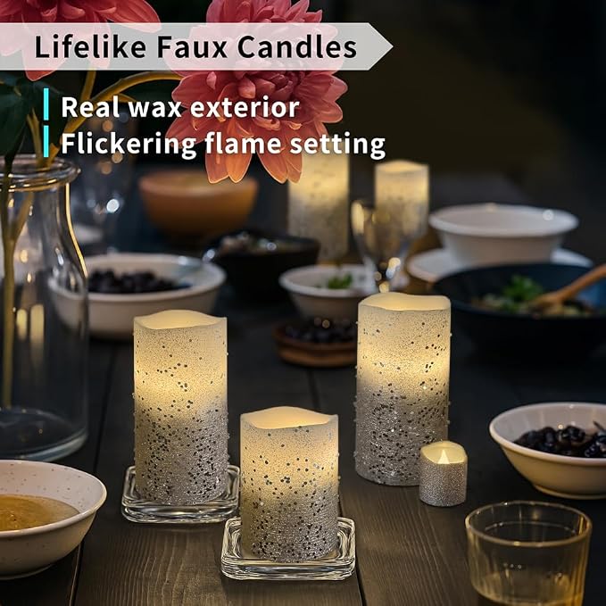 FURORA LIGHTING Silver Glitter LED Candles, 8-Pack Set with Remote & Timer | Includes 4 pillars and 4 votives. Creates a sleek, modern winter metallic ambiance perfect for elegant entertaining.