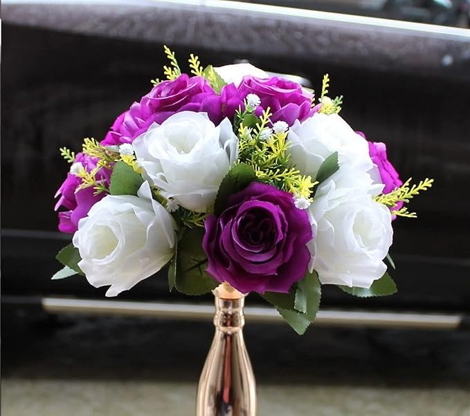 Artificial Flower Centerpieces for Tables: 6pcs of Rose Flower Balls, Flower Kissing Balls, Fake 15-head Plastic Flower Roses with Base for Birthday Party Christmas Home Wedding Decor (Purple White)