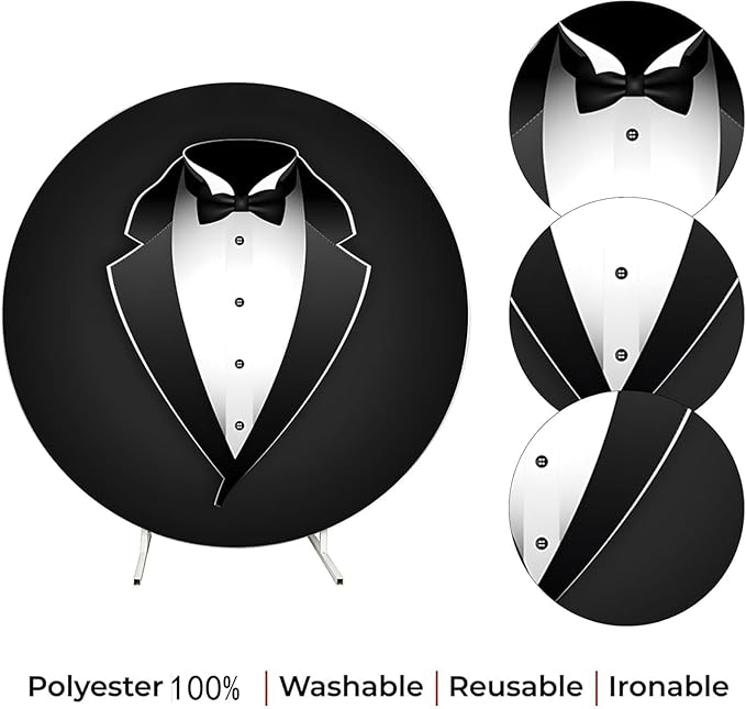 7.2ft Gentleman Tuxedo Round Backdrop Cover Black and White Bow Tie Suit Circle Photo Background for Man Portrait Birthday Party Decoration,Wedding Arch Backdrop Cover,Boy Baby Shower Photos