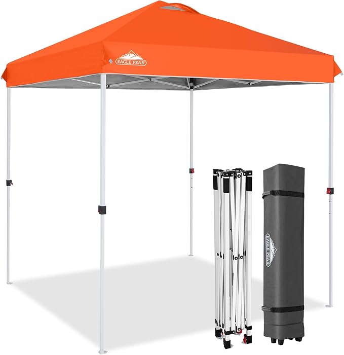 EAGLE PEAK Pop Up Canopy Tent with Wheeled Carry Bag, 8 Stakes, 4 Ropes, Easy Set Up Tent Canopy, 6.6x6.6 ft, Orange