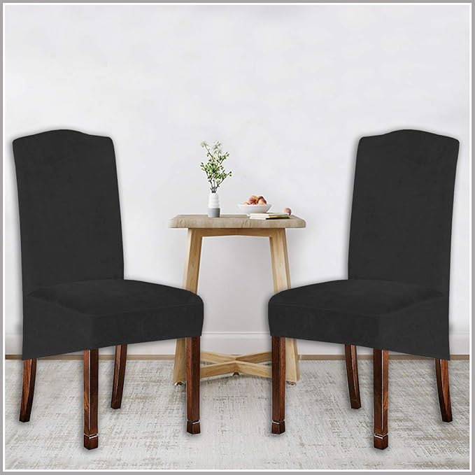 Velvet Plush XL Dining Chair Covers, Stretch Chair Slipcover, Spandex High Chairs Protector Covers Seat Slipcover with Elastic Band for Dining Room,Wedding, Ceremony, Banquet (Dark Grey, Set of 4)