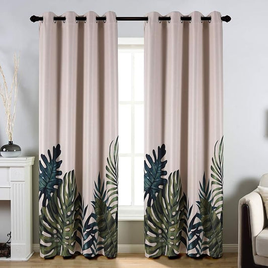 Taisier Home 72" Palm Leaves Blackout Curtains - Thermal Insulated Grommet Top, Exotic Tropical Print Room Darkening Drapes, 2 Panels Set for Living Room Bedroom