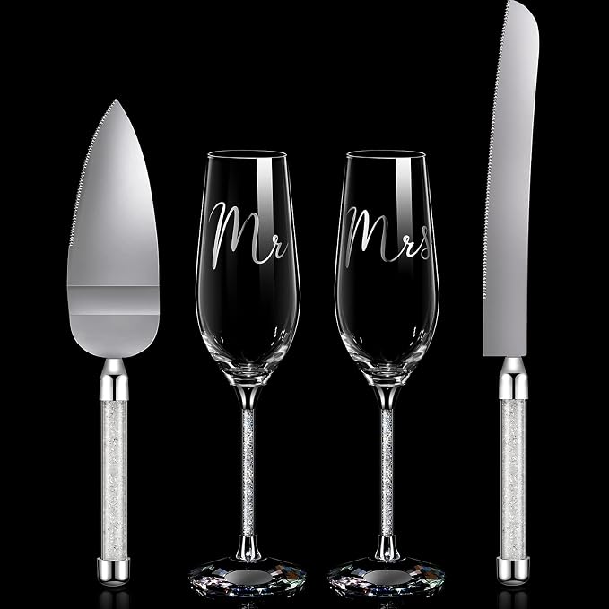 Boao 4 Piece Wedding Cake Knife and Champagne Flutes Server Set Mr and Mrs Toasting Flutes Crystal Rhinestone Cake Cutting Set for Bride and Groom Wedding Engagement Bridal Shower Gifts(Silver)