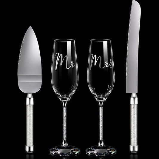 Boao 4 Piece Wedding Cake Knife and Champagne Flutes Server Set Mr and Mrs Toasting Flutes Crystal Rhinestone Cake Cutting Set for Bride and Groom Wedding Engagement Bridal Shower Gifts(Silver)
