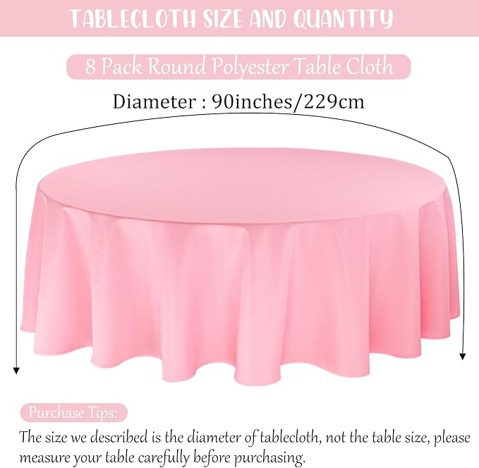 Fivenl 8 Pack Premium Round Tablecloth 90 Inch Pink Round Table Covers Bulk Washable Polyester Fabric Round Table Clothes for Wedding Party Reception Banquet Buffet Restaurant (Pink, 90 Inch)
