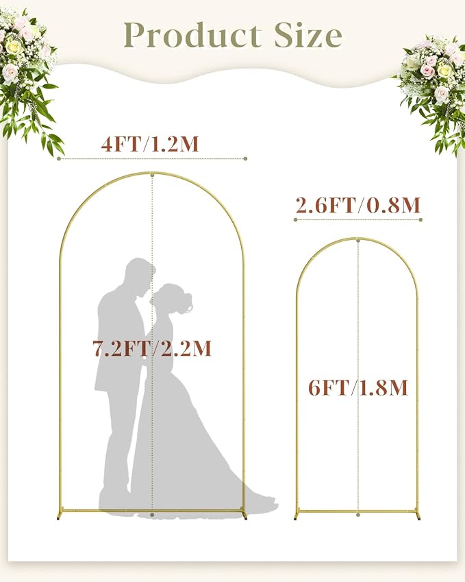 Wedding Arch, Metal Arch Backdrop Stand, Balloon Arch Stand Wedding Frame for Ceremony Decoration (Gold, 7.2FT, 6FT Arch Backdrop)