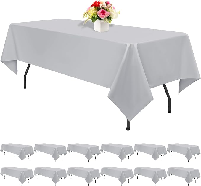 12 Pack Light Grey Tablecloths for Rectangle Tables 60 x 102 Inch Polyester Tablecloth 6 Foot Rectangle Table Cloth Washable Fabric Table Cover for Party Wedding Banquet Events