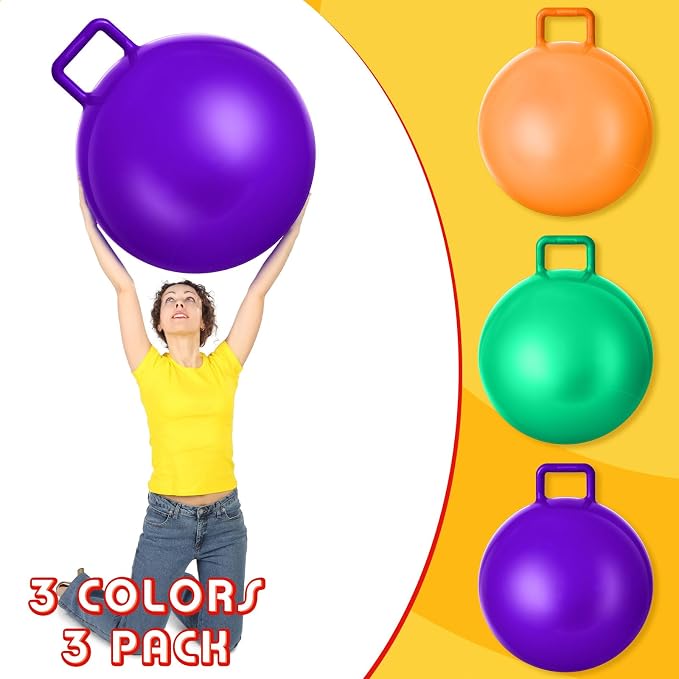 Lewtemi 3 Pcs 29 Inch Bouncing Ball with Handle, Outdoors Hopper Jumping Hopping Ball and Air Pump for Sports Exercise (Purple, Green, Orange)