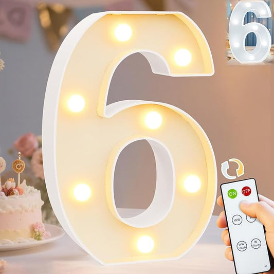 Pooqla LED Light Up Numbers, Marquee Number with Remote for 6th Birthday Decoration, Lighted Numbers Gift for Boys Girls Party Backdrop Wedding Anniversary Decor, Warm White and Cool White Number 6