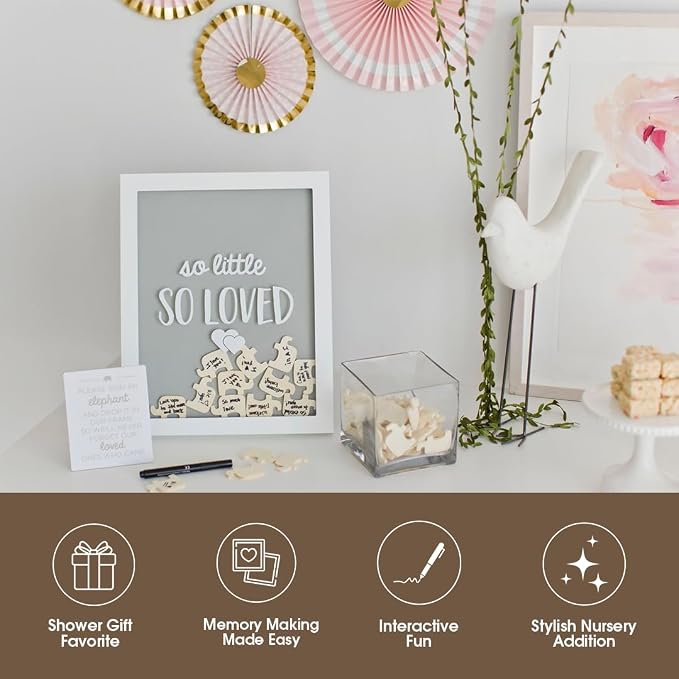 Pearhead So Little So Loved Wooden Elephant Token Frame, Baby Shower Signature Guest Book Alternative with 65 Wooden Tokens, Gender-Neutral Nursery Keepsake Decor, Gray and White