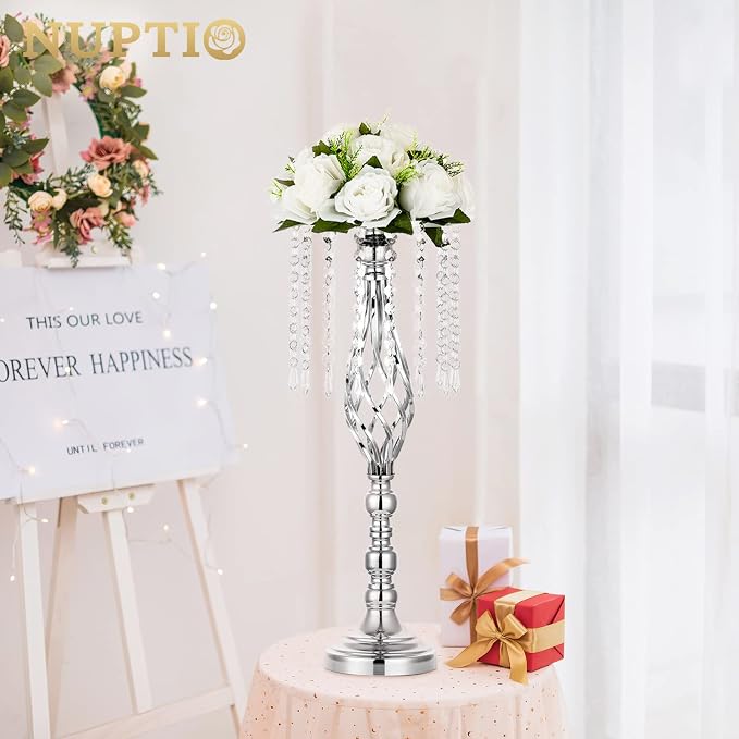 Nuptio 10 Pcs Silver Wedding Centerpieces Flower Stand, 21.7in/55cm Height Wedding Road Lead Flower Vases, Crystal Artificial Flower Arrangements for Wedding Party Birthday Event Reception Home Decor