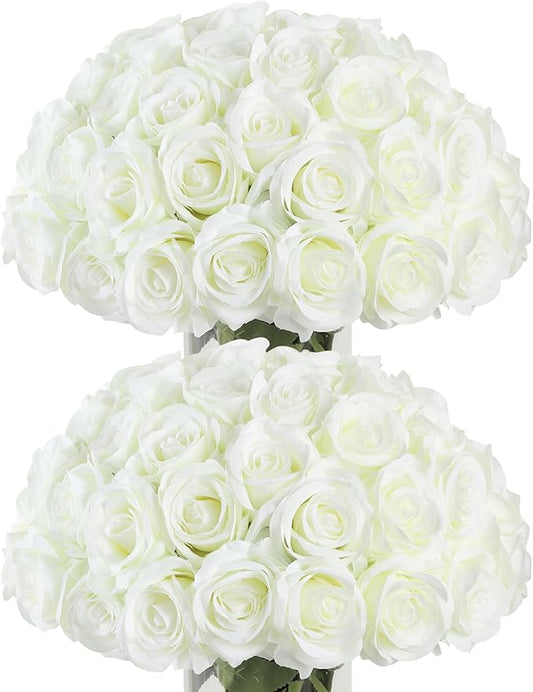 50pcs Artificial Roses Flowers in Bulk,Realistic Silk Fake Rose with Long Stem for Wedding Centerpieces Bouquet Party Floral Arrangement Home Decoration(Ivory White)