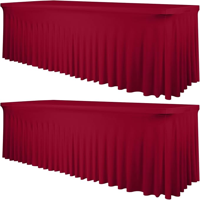 fani 2 Packs Burgundy Stretch Table Skirts for 8 Foot Rectangle Table, Washable Spandex Stretch Tablecloths with Skirt, Wrinkle Resistant Fitted Tablecover for Wedding Party Banquet