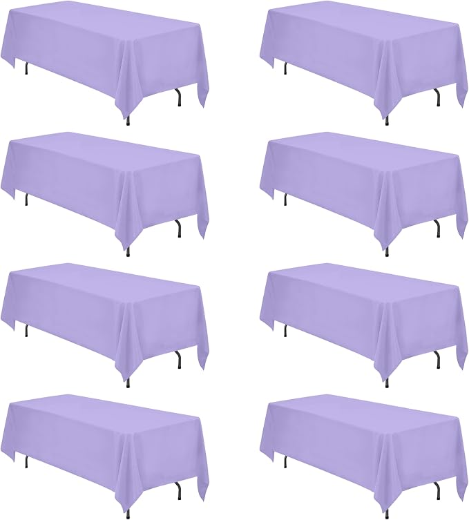 BRILLMAX 8 Pack Lavender Tablecloths 70 x 120 Inch for 6ft & 8ft Rectangle Tables - 150 GSM Polyester Fabric, Universal Fit, Water, Stain & Wrinkle Resistant Cloth Cover for Wedding Banquet Dining