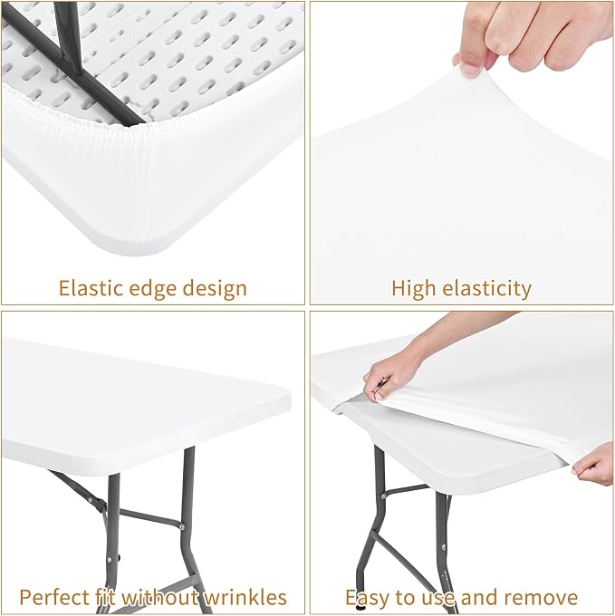 12 Pack Spandex Tablecloth Table Top Cap Cover, White Stretch Table Covers for 8FT Tables, Washable Elastic Rectangle Tablecloth Protector for Outdoor Party Picnic Wedding (White,30" W x 96" L)