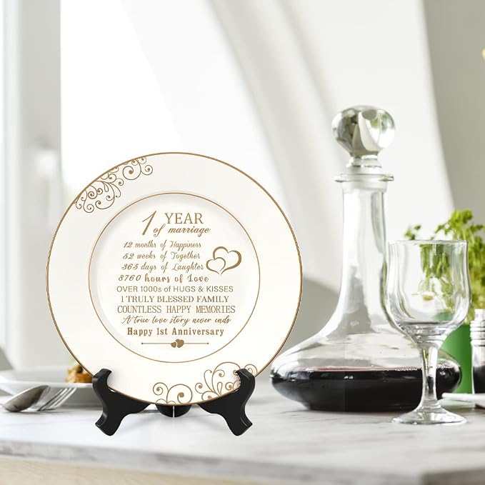Urllinz 1st Anniversary Plate with 24k Gold Foil - 1 Year Paper Anniversary Wedding Gifts Decorations for Him Couples Wife Husband, Ceramic 9"