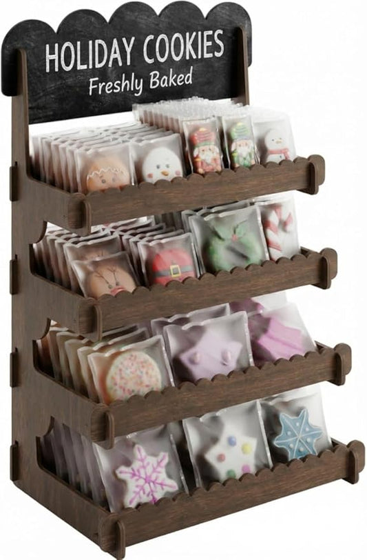 HOTCAN Cookie Display Stand for Bakers & Vendors - Wooden Cookie Stand with Chalkboard Sign for Market Booths, Craft Fairs & Events - Tiered Cookie Display for Cupcakes, Muffins & Pastries 4 Tier (Brown)