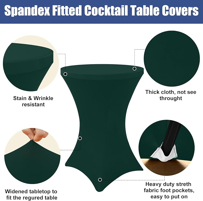 Moosfor Spandex Cocktail Table Covers 4 Pack, Elastic Fitted Stretch Table Cloth, Round High Top Tablecloths for Bar, Party, Pub, Wedding & Banquet (Hunter Green, 32x43 Inch)