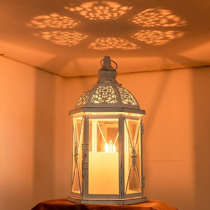 Lantern Decorative Indoor & Outdoor, 14.5'' Candle Lantern Farmhouse Home Decor, Hexagon Vintage Hanging Metal Candle Holder for Front Porch Shelf Patio Wedding Party, Christmas Decorations