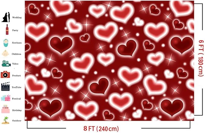 Dudaacvt 8x6ft Red Heart Photo Backdrop 90s Backdrops for Photoshoot Valentine's Day Backdrop Happy Birthday Anniversary Party Photography D690