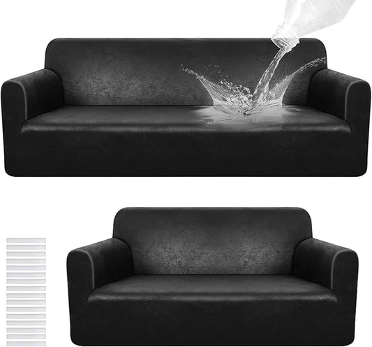 Peryiter 2 Pcs Sofa Covers Couch and Loveseat Covers Set Stretch Sofa Slipcover for Living Room Armchair Furniture Protector, Wrinkle Proof(Black Brown,Tech Cloth)