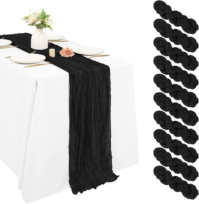 10 Pack Cheesecloth Table Runner 17 x 108 inch Long Boho Gauze Table Runners Semi Sheer Table Runner for Wedding Decor, Baby Shower, Birthday Party, Banquet (Black)