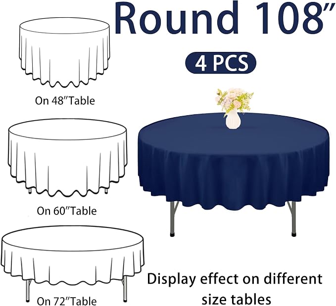 4 Pack 108 Inch Navy Blue Polyester Round Table Cloth Washable Fabric Table Covers for Wedding Dining Table Buffet Parties Banquet Decor
