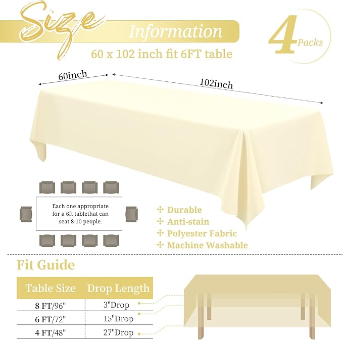 Showgeous 4 Pack Beige Tablecloth 60 x 102 Inch, Rectangle Table Cloth for 6 Foot Table, Wrinkle Resistant Washable Polyester Table Cover for Wedding Dining Table Buffet Parties and Camping