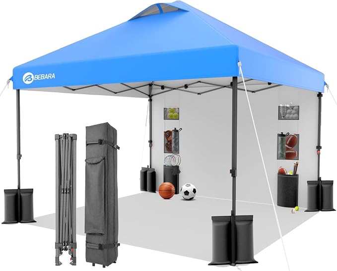 10x10 Pop Up Canopy with Sidewall, One-Person Setup - Sturdy Frame, UV & Water Resistant Canopy Tent w/Wheeled Carry Bag for Beach, Patio, Camping & Events,Blue