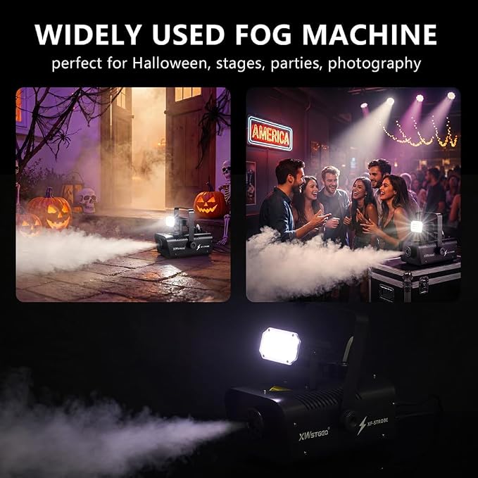 Fog Machine 1000W with Strobe Light, Wireless Remote, Perfect for Halloween, Parties, Concerts, and Events
