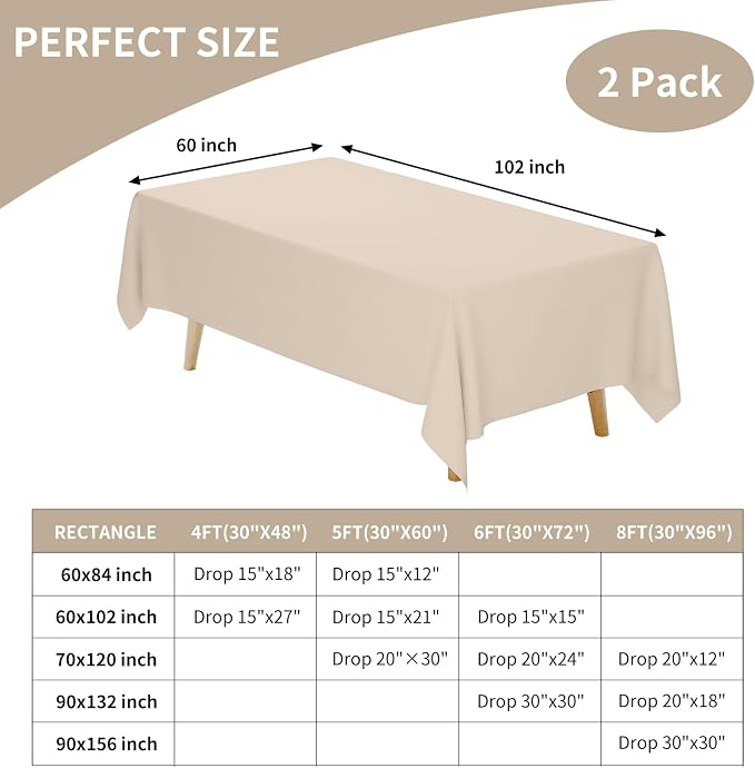 Fixwal 2 Pack Beige 60 x 102 Inch Rectangle Tablecloths, Reusable Heavy Duty Washable Polyester Table Covers for 6 Ft Tables, Wedding, Bridal Shower, Boho Party, Outdoor, Picnic