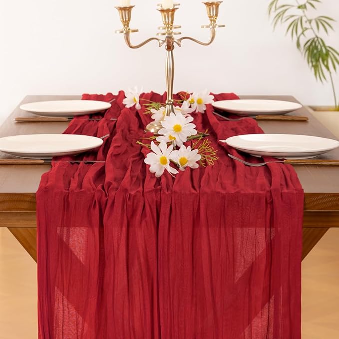 Socomi 2pcs Red Easter Spring Cheesecloth Table Runner Boho Rustic Gauze 120 inch 10FT Cheese Cloth Runner for Wedding Party Baby Shower Birthday Home Decor Holiday Decorations