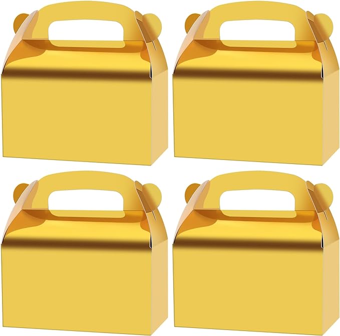 30-Pack Gold Party Favor Treat Boxes, Goodie Boxes, Gable Paper Gift Boxes with Handles. Perfect for Wedding, Birthday, Graduation, Babyshower.