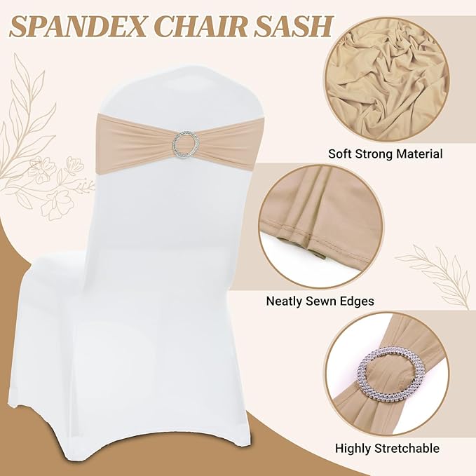 VDS - Champagne | Spandex Chair Sashes Bows | 250 PCS | Stretch Elastic Banquet Universal Folding Chair Band Tie with Silver Buckle Slider for Wedding Party Conference Celebration Event Decoration