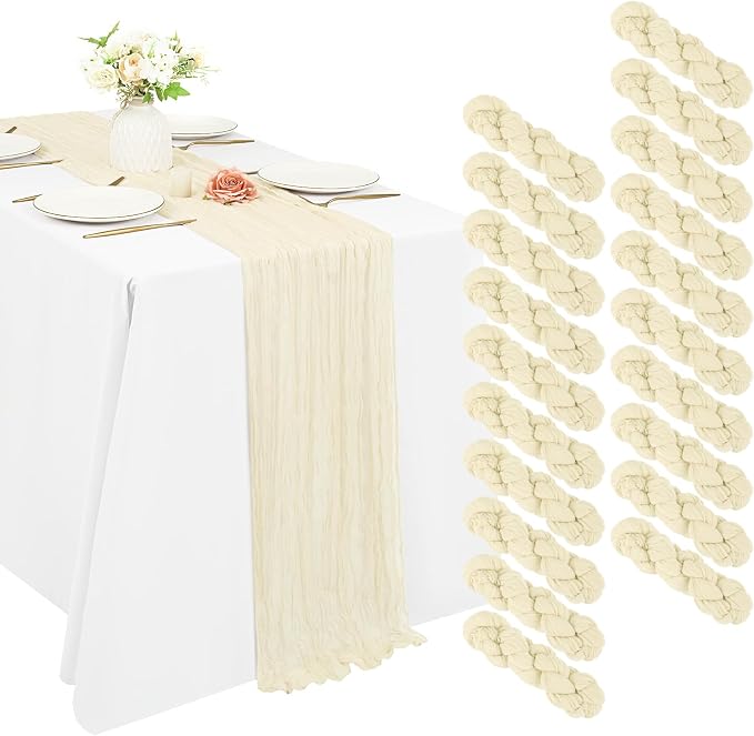 20 Pack Cheesecloth Table Runner 17 x 108 inch Long Boho Gauze Table Runners Semi Sheer Table Runner for Wedding Decor, Baby Shower, Birthday Party, Banquet (Ivory)