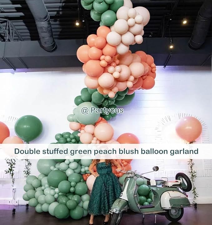 Sage Green Peach Balloon Arch, Double Stuffed Dusty Green Pastel Orange Blush Nude Matte Balloon Garland Kit for Baby Shower Birthday Bridal Wedding Easter Party Decoration