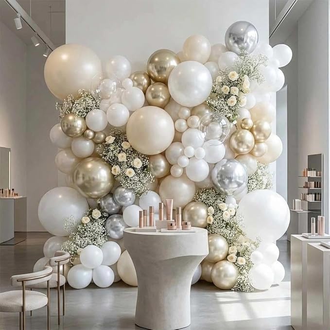 White Balloon Arch Double Stuffed Sand White Gold Pearl Bobo Balloons Light Gold Silver Latex Balloon Garland for Birthday Wedding Baby Shower Bridal Shower Baptism Party Decor