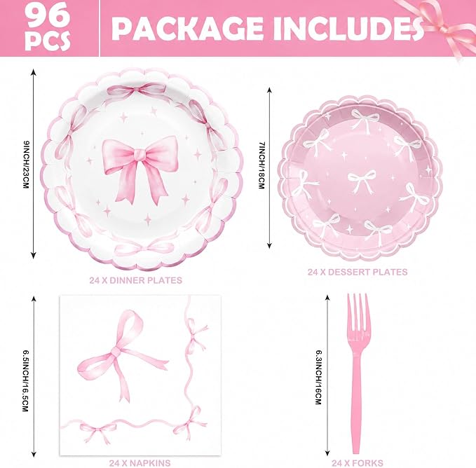 Pink Bow Party Supplies Set for 24 Guests, 96PCS Pink Disposable Tableware Set Includes Plates, Napkins & Forks, Aesthetic Baby Shower Birthday Bridal Shower Girl Party Decorations