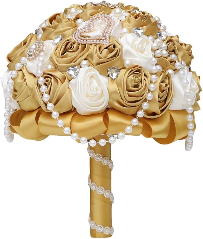 Ivory and Gold Bridal Wedding Bouquet with Rhinestone Brooch Pearl String Cascade Bouquet for Bride Bridesmaid Quinceanera Satin Rose Flower Bouquet Wedding Gold and Ivory 8.7in