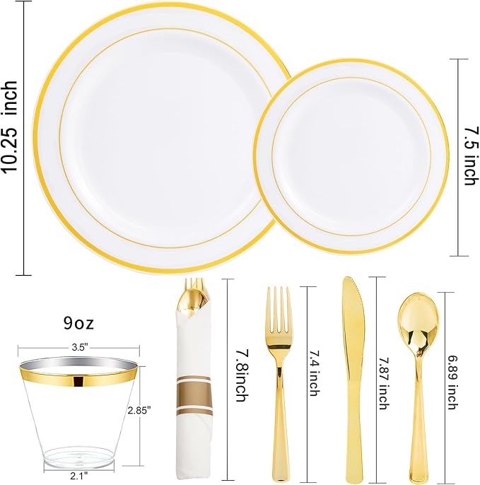 WELLIFE 700 Pcs Gold Plastic Plates for 100 Guests - Disposable Dinnerware Set,Party Supplies Includes 200 Gold Plates,300 Plastic Silverware,100 Napkins,100 Cups for Party and Wedding