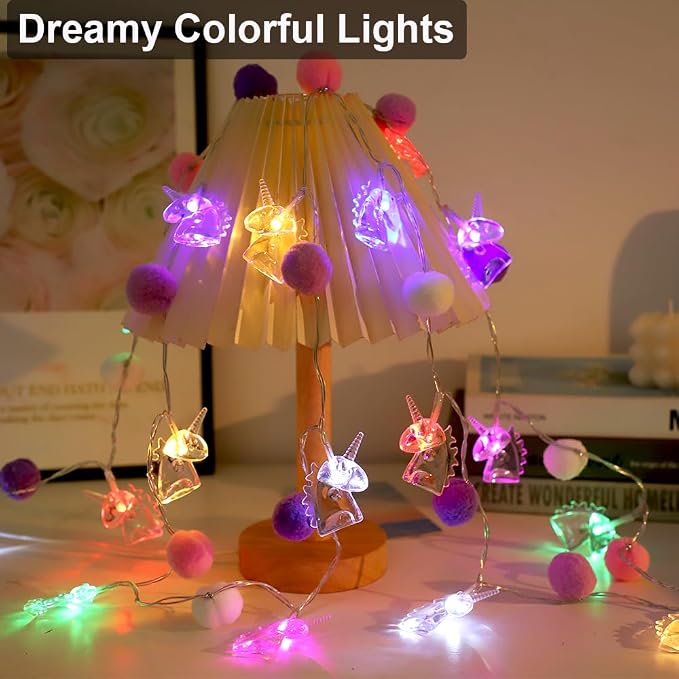 9.85FT Indoor String Lights with 20 Cute PomPoms 20 Colorful Unicorn LED Indoor String Lights Battery Operated with Timer for Home Bedroom Kids Playhouse Birthday Wedding Party Holiday Christmas Decor