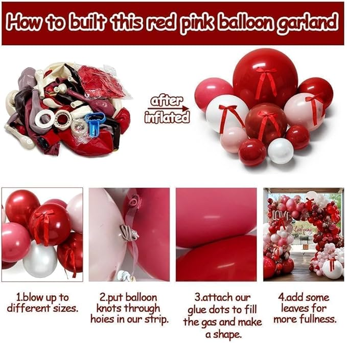 Red Pink Balloon Arch Kit Double Stuffed Dark Red Pink Burgundy White Pearl Balloon Garland With Bows for Valentine Mothers Day Wedding Bridal Shower Engagement Anniversary Mom Birthday Party Decor
