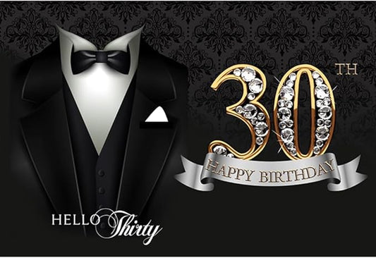6x4ft Man Happy 30th Birthday Backdrop Gentleman Necktie Suit Tuxedo Luxury Black Gold Diamond 30 Photography Background Hello Thirty Birthday Party Decor Banner Portrait Photo Shoot Props