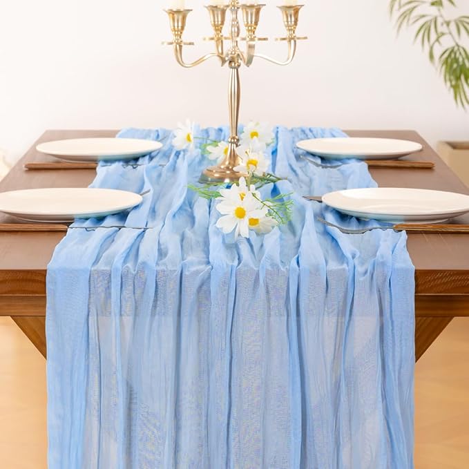 Socomi 3pcs Light Blue Cheesecloth Table Runner Summer Boho Rustic Gauze 120 inch 10FT Cheese Cloth Sheer Runner for Wedding Party Baby Shower Birthday Home Decor Holiday Decorations