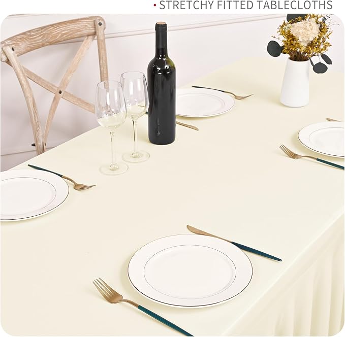 fani 6 Packs Ivory Stretch Table Skirts for 6 Foot Rectangle Table, Washable Spandex Stretch Tablecloths with Skirt, Wrinkle Resistant Fitted Tablecover for Wedding Party Banquet