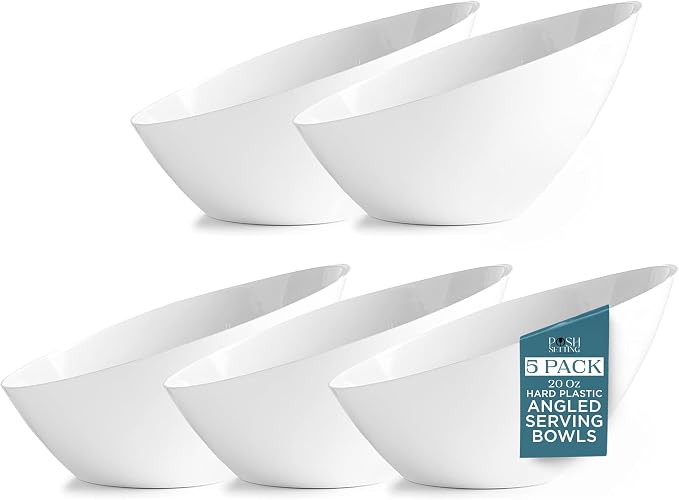 Posh Setting - White Plastic Serving Bowls for Party Angled Bowls Disposable Chip Bowls Candy Bowls for Party Table Salad and Fruit Bowls for Wedding Serving Bowls-White, 20 OZ, 5 Pack