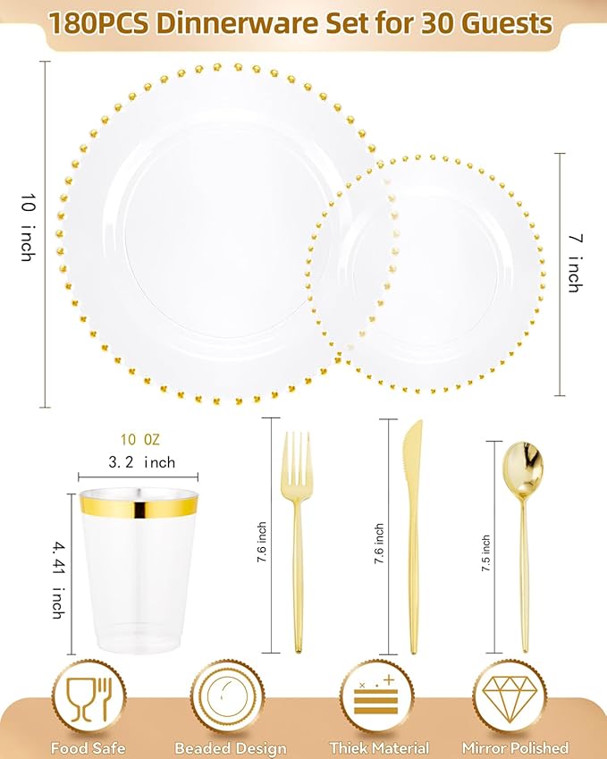 supernal 180Pcs Clear Gold Dinnerware Set,Premium Heavy Duty Clear Plastic Plates with Gold Beads,Clear Disposable Plates with Plastic Silverware and 10oz Cups for Wedding/Party/Valentine's Day