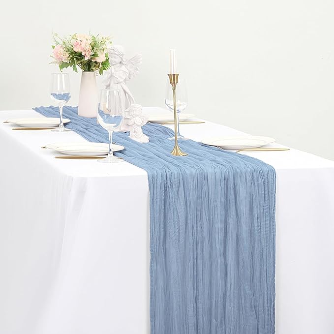 24 Pack Dusty Blue Cheesecloth Table Runner, 35x120 Inch Boho Gauze Table Runner 10ft Rustic Sheer Cheese Cloth Table Decor for Wedding Baby Bridal Shower Birthday Party Table Decoration